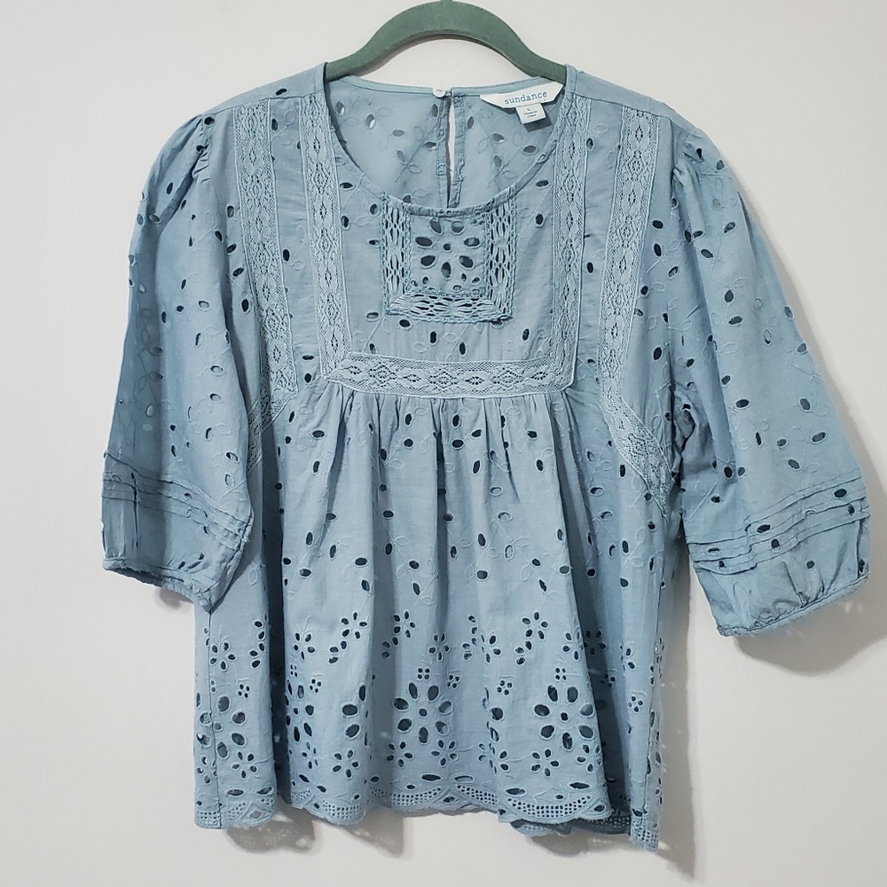Womens Light Blue Eyelet Lace Peasant Top - Picture 2 of 9